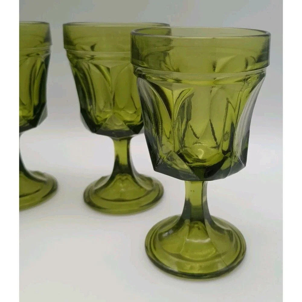 3 Anchor Hocking  Vintage  Fairfield Avocado Green Stemmed Goblets Glasses 6